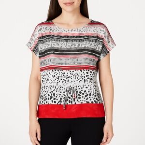 RUBY RD Petite Animal Print Striped Blouse Drawstring Waist PS